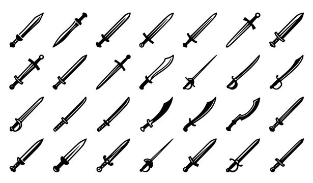 Medieval Swords and Historical Blades Line Icon Set Featuring Fantasy Daggers, Battle Sabers, and Warrior Melee Weapon Graphics for Game Designs and Interfaces