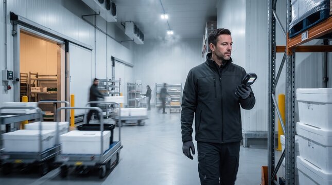 A professional warehouse worker scans inventory labels inside a large cold storage facility while staff members move products on carts to maintain efficient distribution cycles for consumer