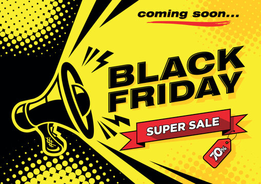 Black friday best deals with megaphone. Super sale up to 70% off. Event web banner header. Vector layout on black and yellow background