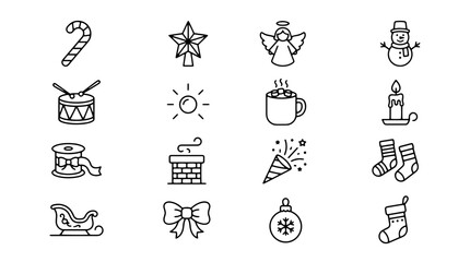 Naklejka premium Set of sixteen black and white Christmas holiday icons featuring festive symbols like candy cane, snowman, angel, and gift ornaments in a clean minimalist line art style for seasonal design on