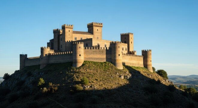 Majestic stone castle perched atop a grassy hill under a clear blue sky
