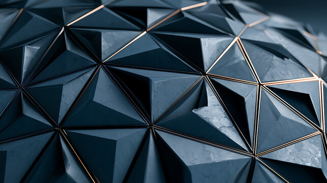 Geometric polygonal surface with metallic accents presents a textured dark blue three dimensional design