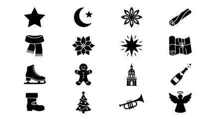 Naklejka premium Set of black holiday and winter season icons featuring Christmas symbols like tree, gingerbread man, star, and festive decorations for seasonal graphic design projects on transparent background