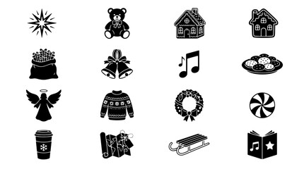 Naklejka premium Set of black and white Christmas holiday icons featuring winter symbols, festive decorations, and seasonal objects for graphic design projects on transparent background