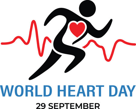 World Heart Day Awareness Design with Running Figure Heart and ECG Isolated on Transparent Background