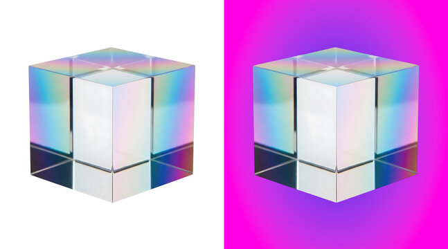A transparent glass cube with iridescent rainbow light reflections, isolated on a white background, for abstract and, geometric compositions