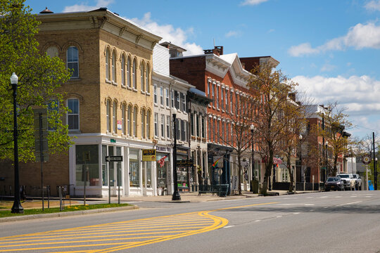 Historic Main Street Storefronts in Cazenovia New York on Sunny Spring Day