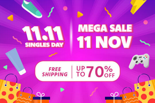 11.11 Singles Day Mega Sale Landscape Banner Background Vector