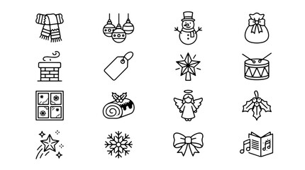 Naklejka premium Set of sixteen black and white Christmas holiday line art icons featuring festive symbols like a snowman, snowflake, angel, and gifts for seasonal graphic design projects on transparent background