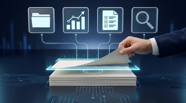 Document digitization process concept with hand lifting paper under glowing holographic scanner and data management icons.