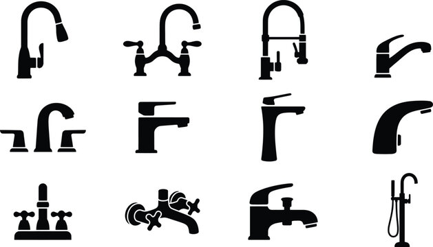 Bathroom and kitchen tap icon set with diverse clean vector designs for interior projects