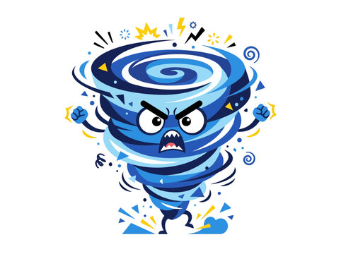 A cartoon blue tornado character with an angry face and fists, surrounded by lightning and sparks, on a white background.