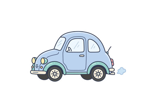 A cute light blue cartoon car with a rounded design and a puff of smoke from its exhaust, depicted in a simple illustration style.