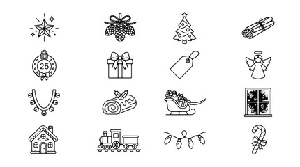 Naklejka premium Set of Christmas and winter holiday line art icons featuring festive symbols like tree, gift, sleigh, and decorations for seasonal graphic design projects on a clean white background on transparent