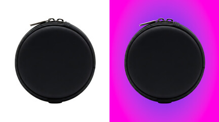Small round black zippered storage case or pouch for electronics, cables, or accessories, isolated on a white background, for mockups © jk