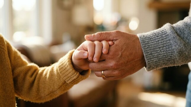 Adult and child holding hands together indoors in soft natural light. Showing familial love trust support and generational connection. World Children's Day concept.