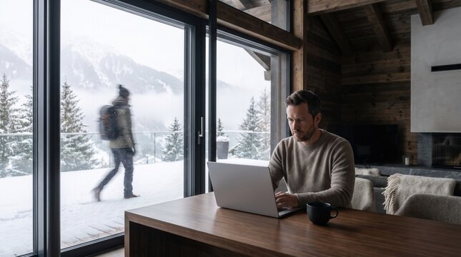 A man working on his portable computer inside a cozy wooden mountain cabin while another person walks through the snow outside on a cold winter day during a quiet afternoon of remote employment
