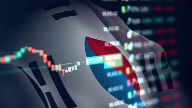 A dynamic timelapse video featuring fast moving stock market candlestick bars blended with a waving South Korean flag, representing South Korea economy, Kospi financial markets, and Asian trading.