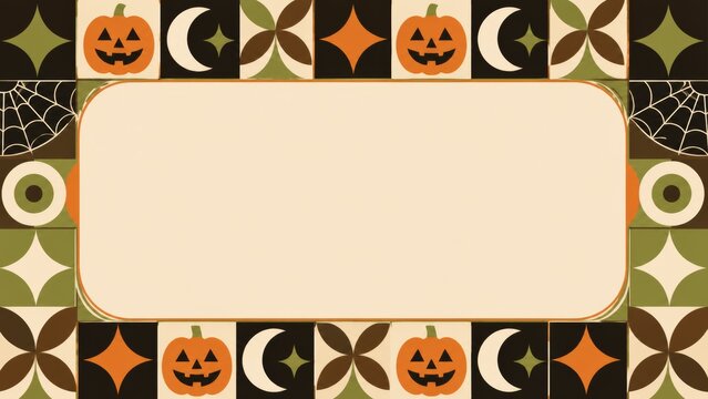 Retro mid century Halloween tile border with pumpkins, moons, spiderwebs, eyes and cream copy space