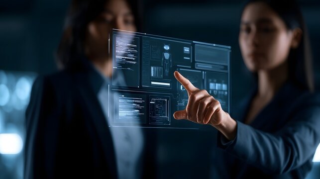 Two professionals interact with a transparent digital interface displaying technical schematics and a humanoid robot model