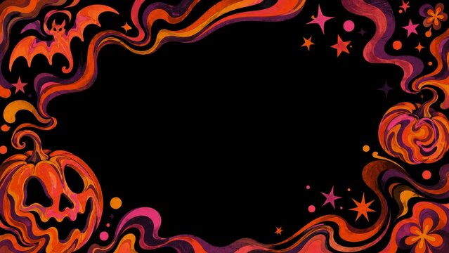Dark psychedelic Halloween frame with marbled pumpkins, bats, stars and black copy space
