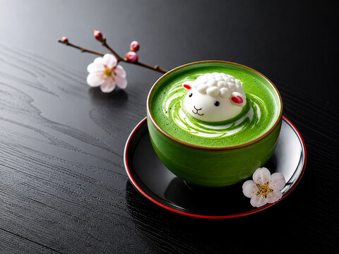 未年の羊を描いた抹茶ラテアートと梅の花　和風のお正月イメージ