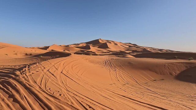 Wind-rippled dunes of Erg Chebbi with tracks, Merzouga, Draa-Tafilalet, Morocco