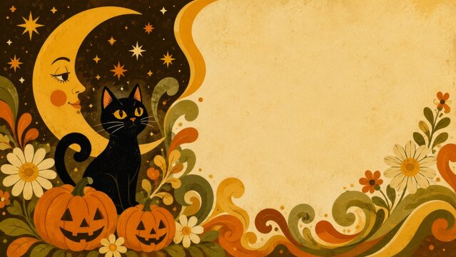 Groovy retro Halloween background with black cat, crescent moon, pumpkins, flowers and cream copy space
