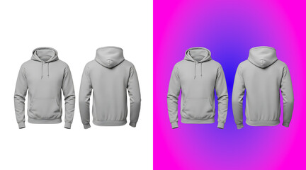 Two views of a plain light gray hooded sweatshirt with a front kangaroo pocket and long sleeves, isolated on a white background, for display © jk