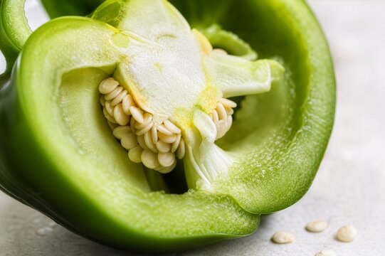 Macro cross-section of a seed-bearing fruit showing developing seeds and internal reproductive structures, illustrating plant reproduction and seed formation.