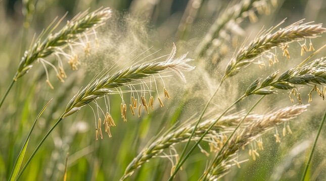 Close view of flowering grasses releasing pollen into the wind, illustrating wind pollination and plant reproduction.