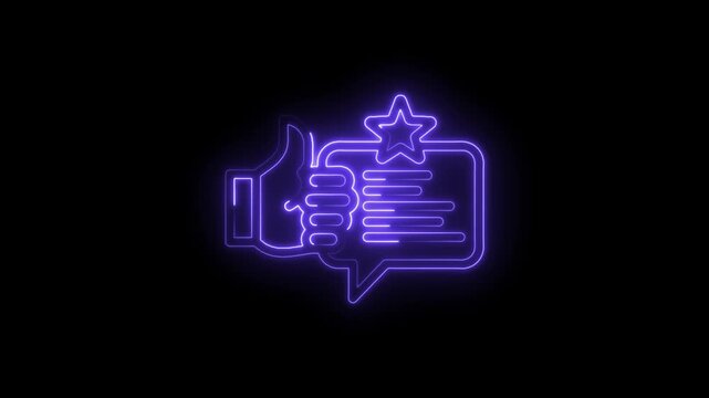 Neon glowing thumbs up icon with speech bubble and star symbol on black background positive