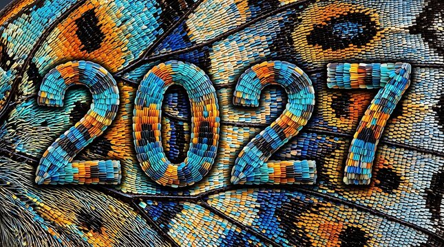 2027 New Year number on butterfly wing texture, colorful mosaic pattern for 2027 calendar, vibrant nature background