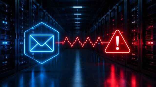 Server network security alert concept with glowing phishing email envelope and red warning sign in dark data center