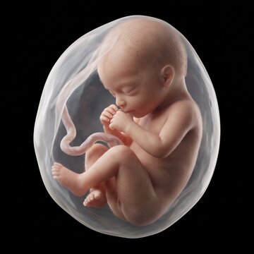 Realistic 3D fetus inside amniotic sac with umbilical cord in womb