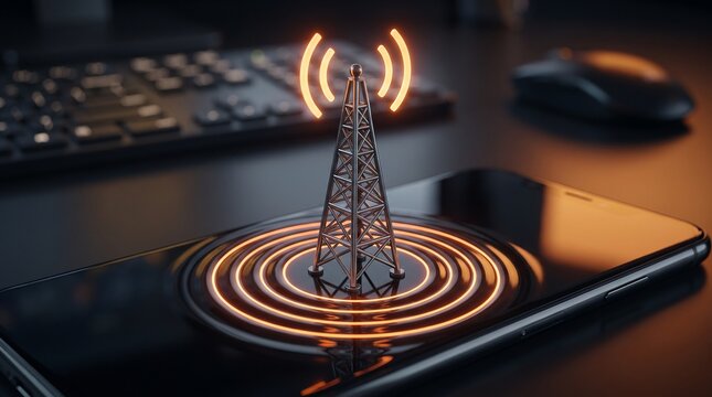 Telecommunications 5g tower model transmitting signals on a smartphone screen with glowing waves communication tower signal waves cell tower wireless technology