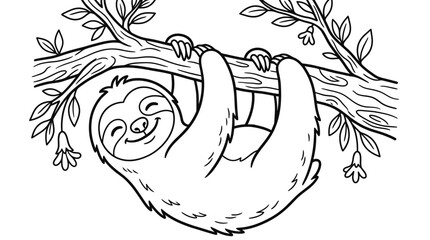 Fototapeta premium Cute happy sloth hanging from a tree branch with leaves and flowers for a fun kids coloring page black and white line