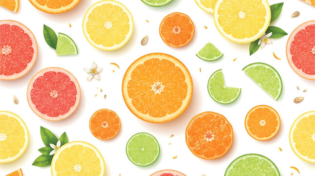 Seamless vector pattern of sliced citrus fruits orange lemon lime grapefruit on white background