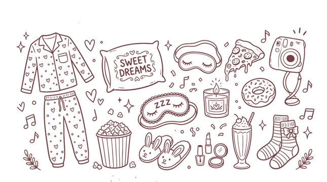 Set of cute hand drawn sleepover party items with pajamas pillow pizza donut popcorn and beauty products for girls