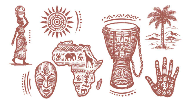 Set of hand drawn african icons with djembe drum tribal mask continent map woman with jar and palm tree illustration