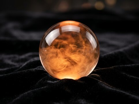 Glowing Crystal Sphere With Swirling Orange Smoke On A Textured Black Velvet Fabric Surface
