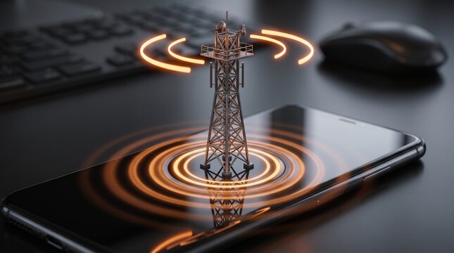 Mobile telecommunications tower emitting glowing wireless signals on a smartphone screen with telecommunication tower cell tower mobile data telecom tower tech device
