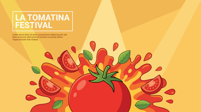 La tomatina festival poster vector illustration with tomato splash, fresh tomato slices, green basil leaves, and vibrant yellow background design