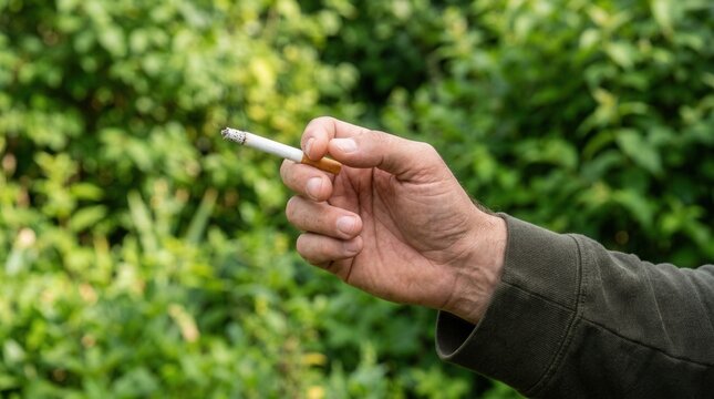 Hand Holding Lit Cigarette Against Lush Green Foliage Background