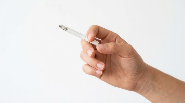 Hand Holding Lit Cigarette With Smoke Against White Background