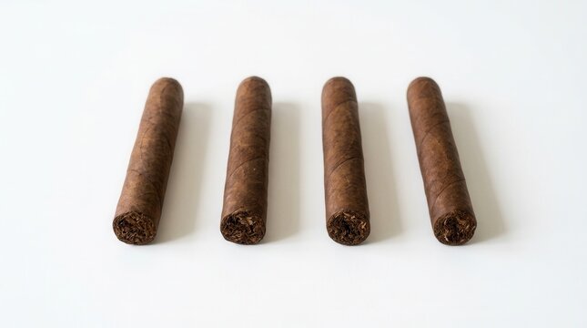 Four Premium Tobacco Cigars Arranged Carefully On A Clean White Background