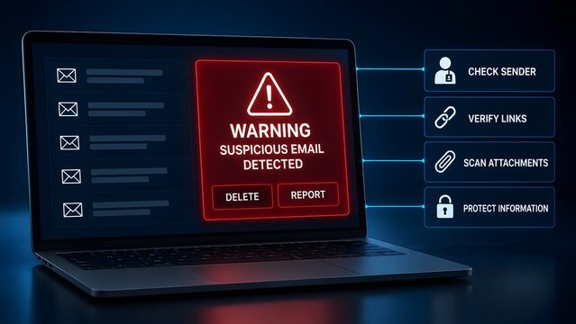 Phishing email warning concept on laptop screen displaying suspicious message alert and cyber security threat detection