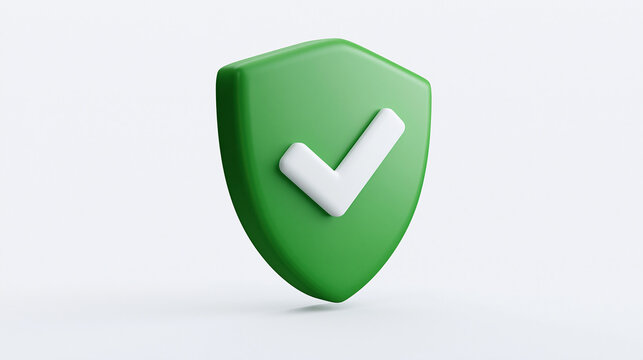 Green shield icon with white checkmark symbol representing safety and security sign protection badge approved check verified badge quality mark 3D shield