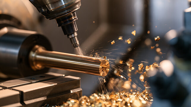 CNC lathe machine precision metal cutting process in industrial factory, high speed spindle shape brass rod with metal chips flying around