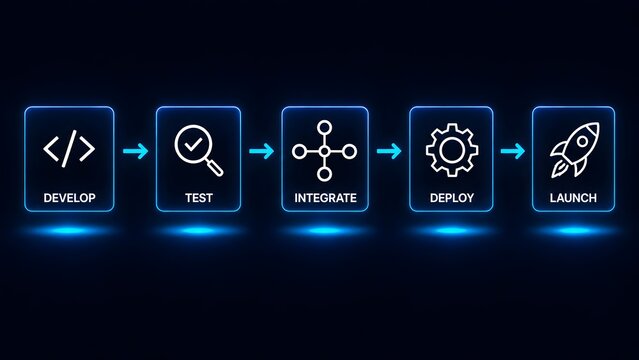 Software development lifecycle concept with glowing digital icons for coding testing integration deployment and launch